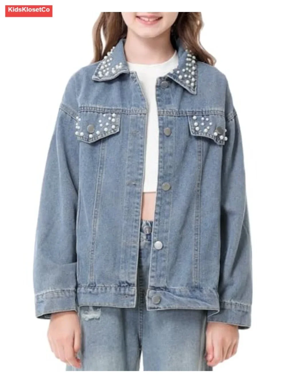 Girls Denim Jacket Oversized Trucker Button Down Pearl Design 5-14Y